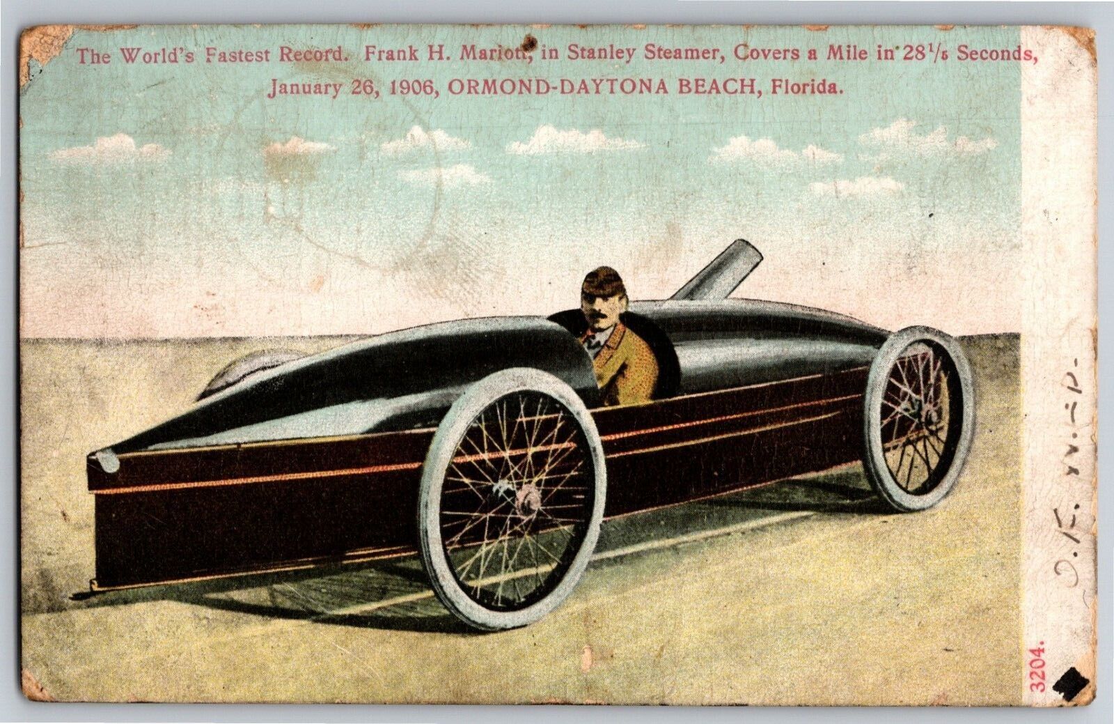 1906 World's Fastest Record, Frank H. Marion Daytona Beach Postcard PM 1907