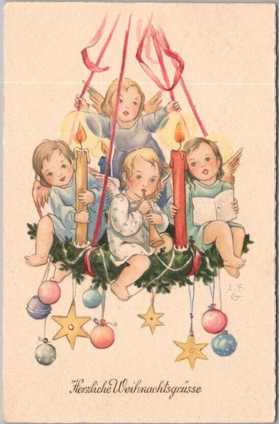 c1910s German CHRISTMAS Postcard Angels on Candle Chandelier / Artist-Signed