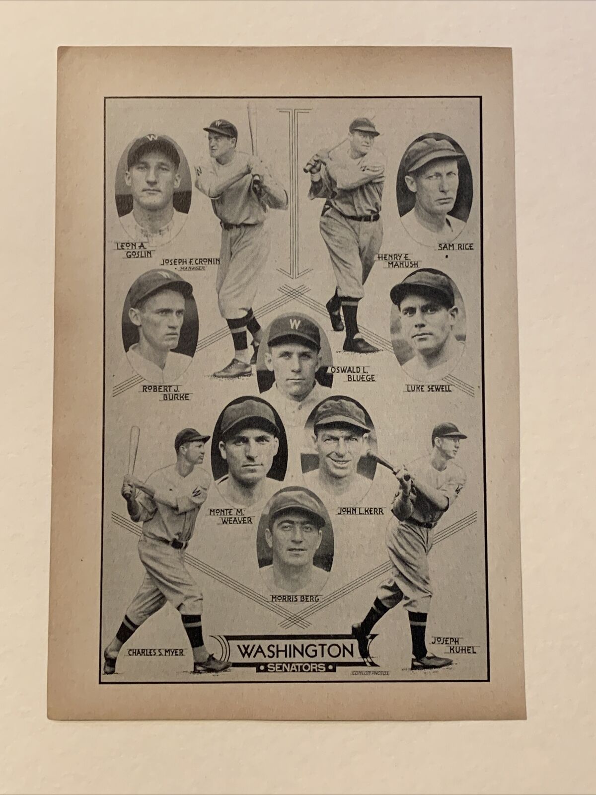 Washington Senators Joe Cronin Heinie Manush Rice 1933 Baseball Team 4X6 Picture