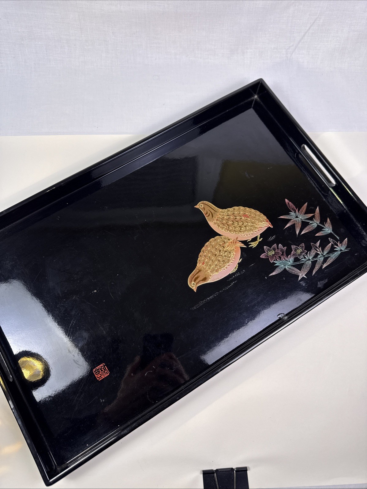 1980s Japanese Satsuma Black Lacquer Serving Tray. 12” X 19” With Handles 1980s Japanese Satsuma Black Lacquer Serving Tray. 12” X 19” With Handles