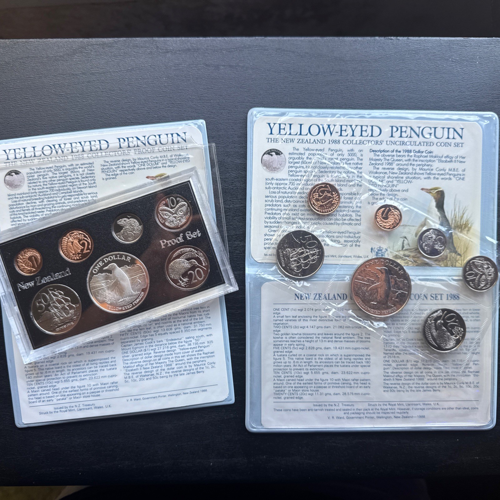 1988 New Zealand Proof 7 Coin Set 925 Yellow Penguin and Uncirculated Coin Set 1988 New Zealand Proof 7 Coin Set 925 Yellow Penguin and Uncirculated Coin Set