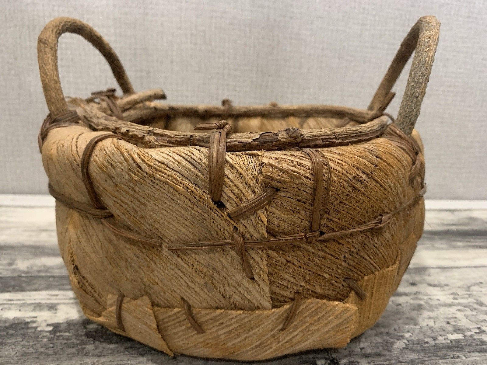 Coconut Husk African Stained Curved Vine Handles Large Bucket Primitive Basket  Coconut Husk African Stained Curved Vine Handles Large Bucket Primitive Basket 