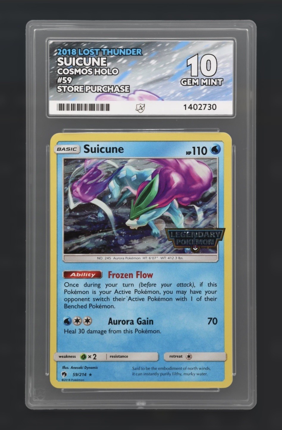 Pokemon Suicune Lost Thunder Legendary Stamp Cosmos Holo Rare #59 ACE 10 POP 1