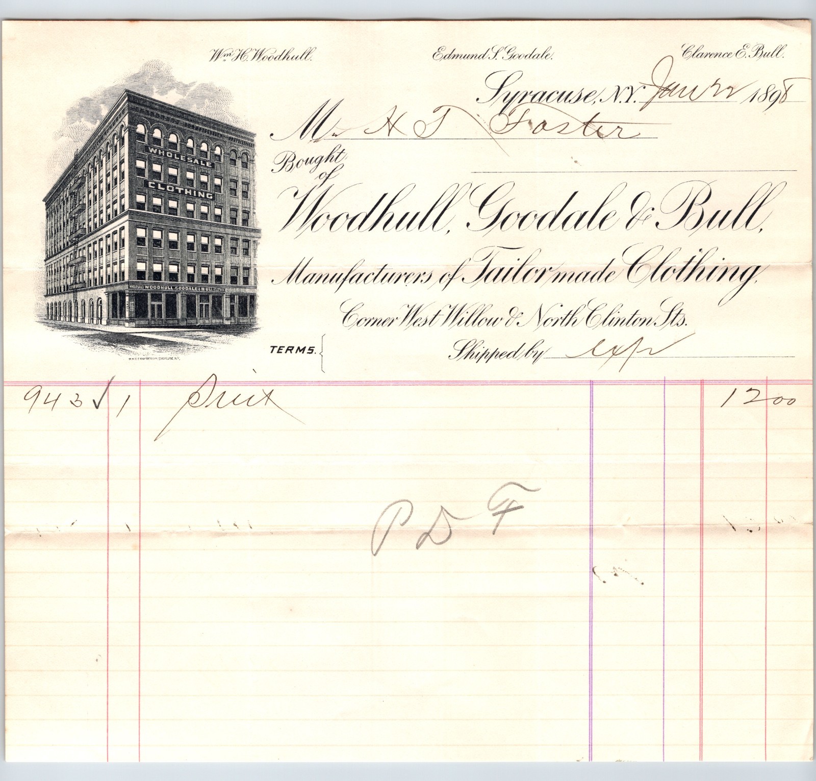 Syracuse New York 1898 Woodhull Goodale Bull Clothing Billhead - 8.5 x 7.5