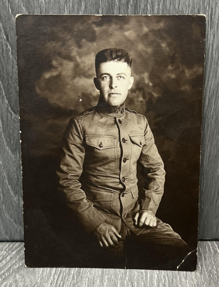 Vintage WWI US Army Soldier Military Portrait Photo Sepia Uniform Original