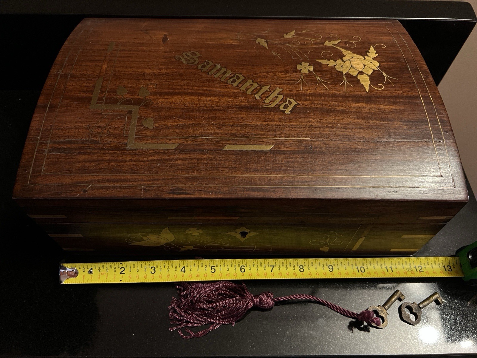 Rosewood Inlaid Brass Velvet Lined Jewelry Box w/ 2 Keys Rosewood Inlaid Brass Velvet Lined Jewelry Box w/ 2 Keys