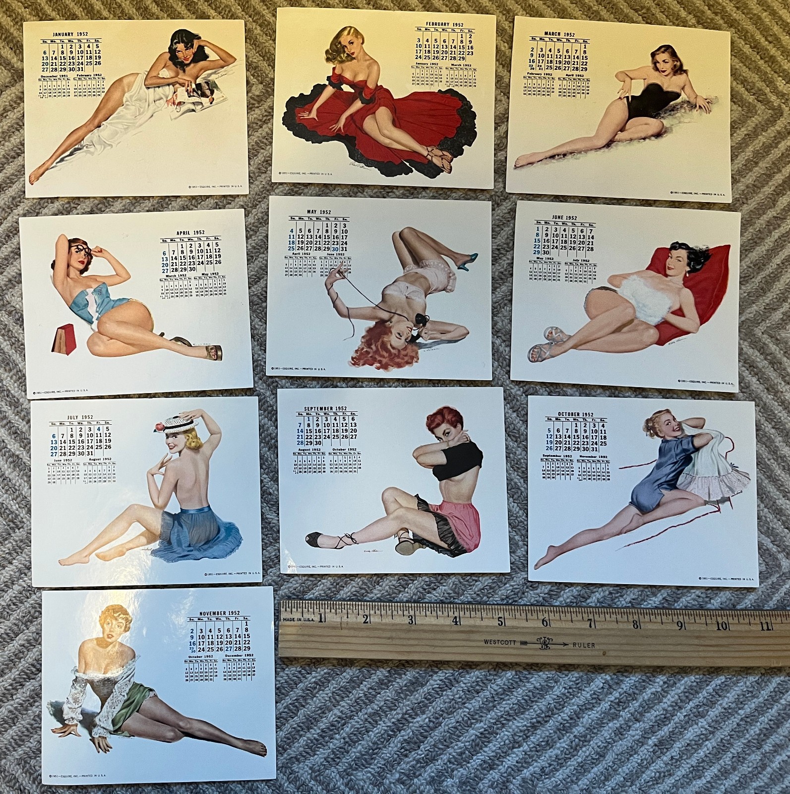 1952 ESQUIRE Magazine PIN-UP GIRLS CALENDAR - 10 Month pages (missing Aug & Dec) 1952 ESQUIRE Magazine PIN-UP GIRLS CALENDAR - 10 Month pages (missing Aug & Dec)