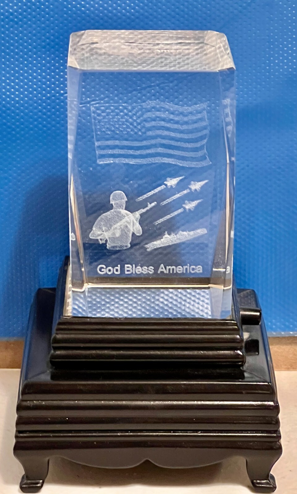 VTG Clear Lucite Glass Paperweight God Bless America 2x3” With Lighted Stand