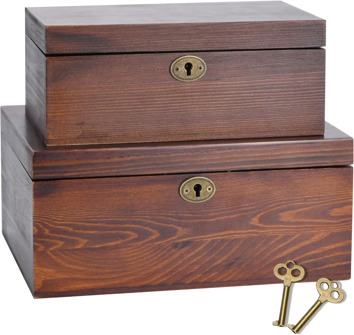 Wooden Box with Hinged Lid - 2 Pack - Vintage Decorative & Lockable Chest - for
