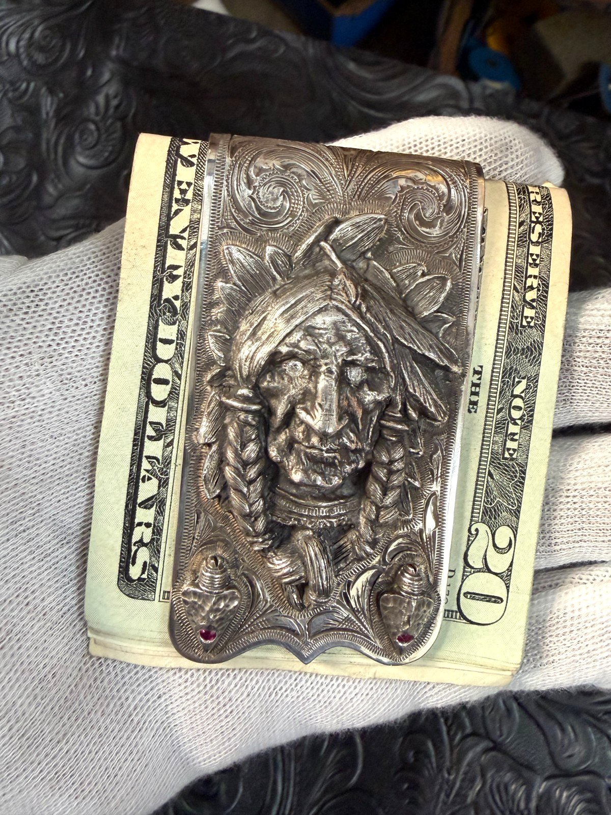 Ahmad N. Khan Unger Indian Chief Big Wad Sterling Silver Ruby Money Clip