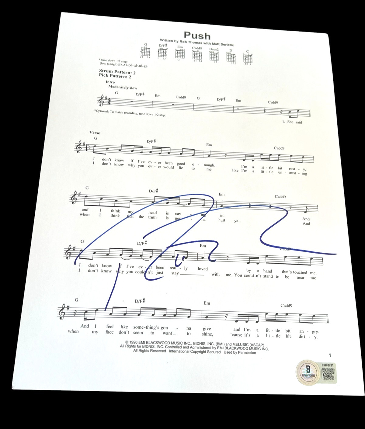 ROB THOMAS SIGNED AUTOGRAPH SHEET MUSIC PUSH MATCHBOX TWENTY BECKETT BAS E ROB THOMAS SIGNED AUTOGRAPH SHEET MUSIC PUSH MATCHBOX TWENTY BECKETT BAS E