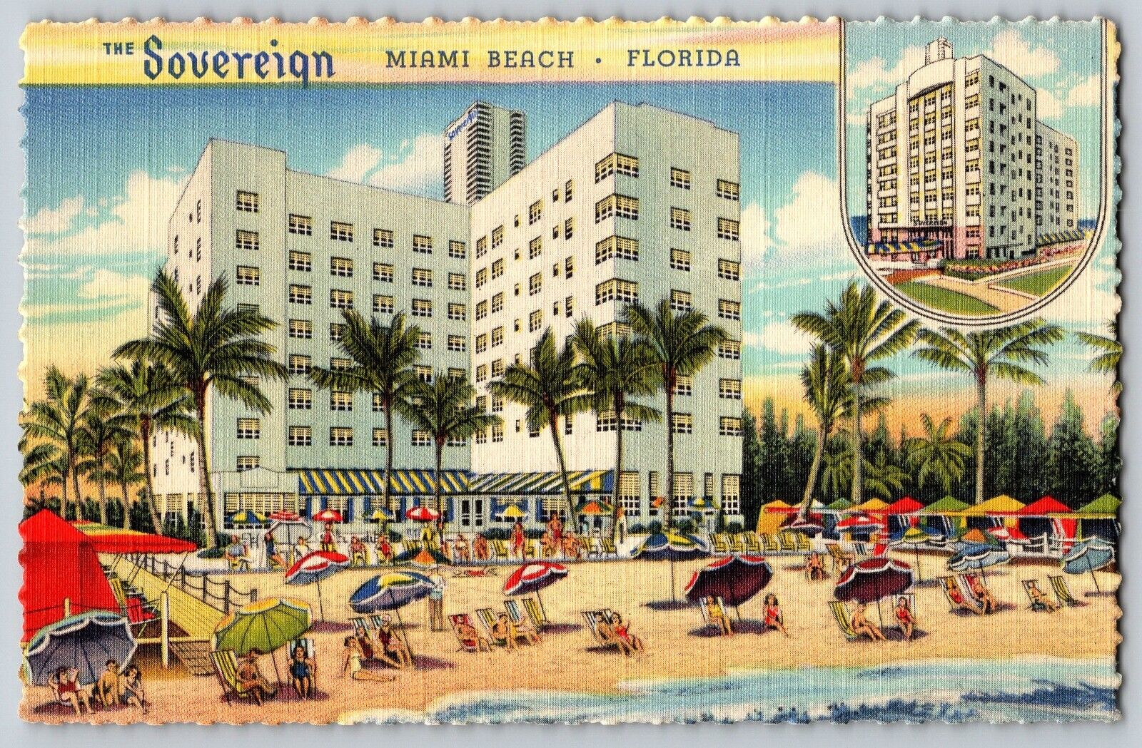 Miami Beach, Florida FL - The Sovereign Hotel, Private Beach - Vintage Postcard