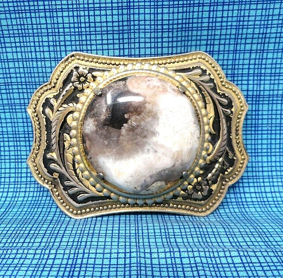 Classic Western Cowboy Belt Buckle Black White Gray Agate Vintage 70s    .CPA115