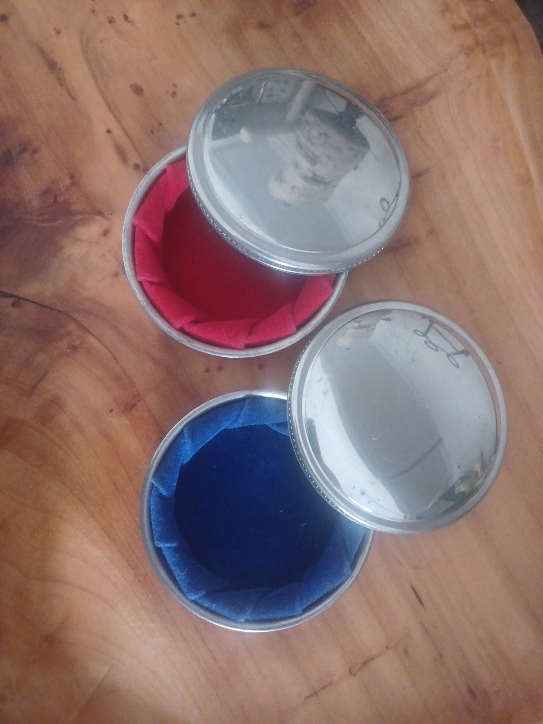 Vtg Tiffany & Co Handcrafted Pewter Trinket Box Set Pair Blue Red Velvet 3.5\