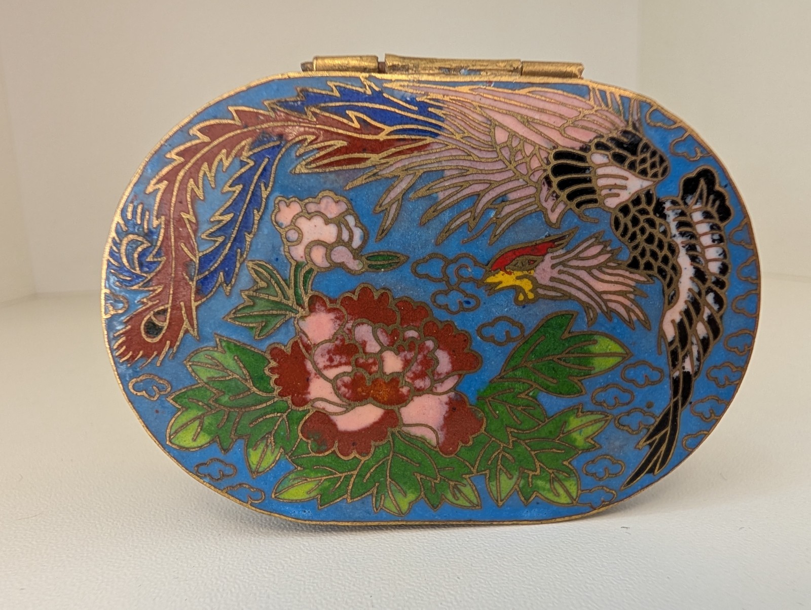 Vintage Chinese Cloisonne Enamel Phoenix Bird Peony Oval Hinged Trinket Box