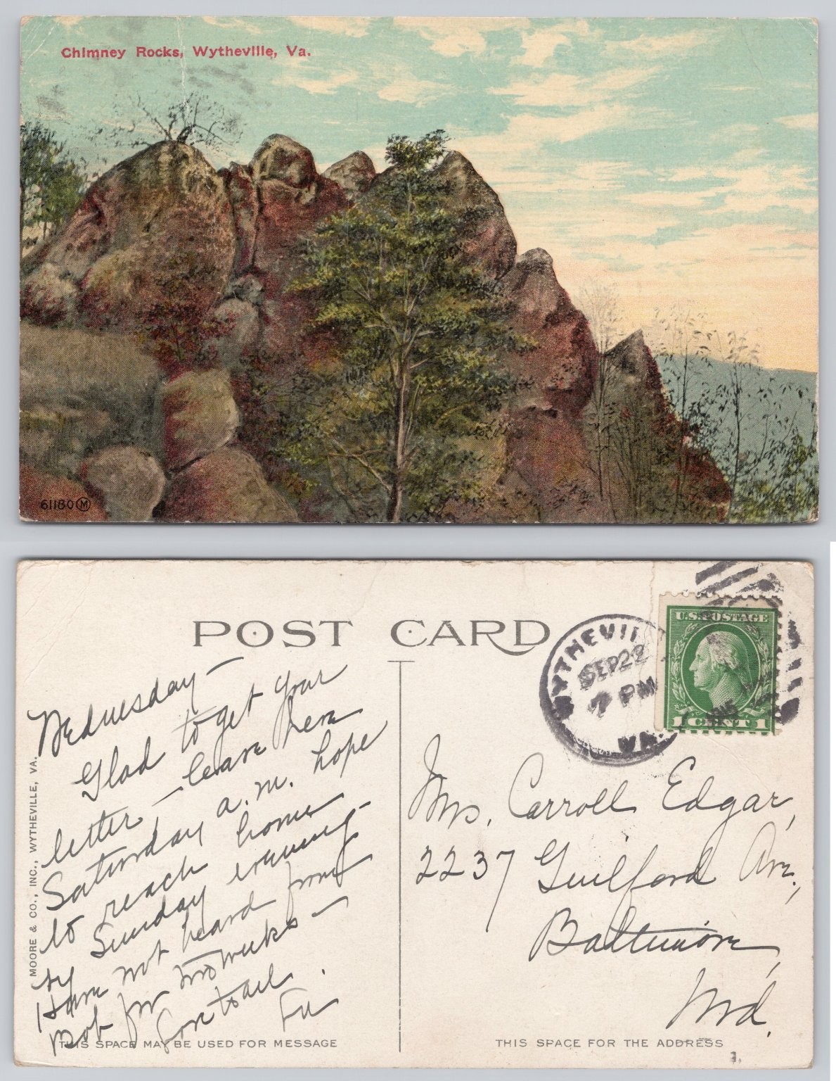 Chimney Rocks Wytheville Virginia VA Vintage Postcard 1910s Moore & Co.