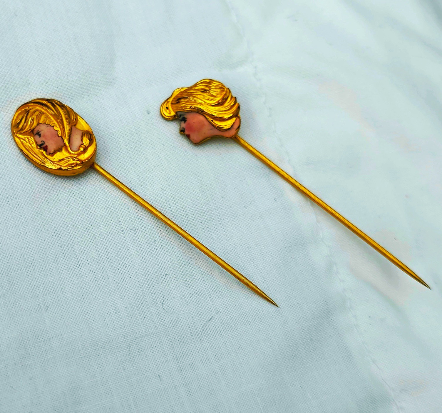 An Exquisite Pair of Antique Art Nouveau Enameled Lady Profile Stick Pins