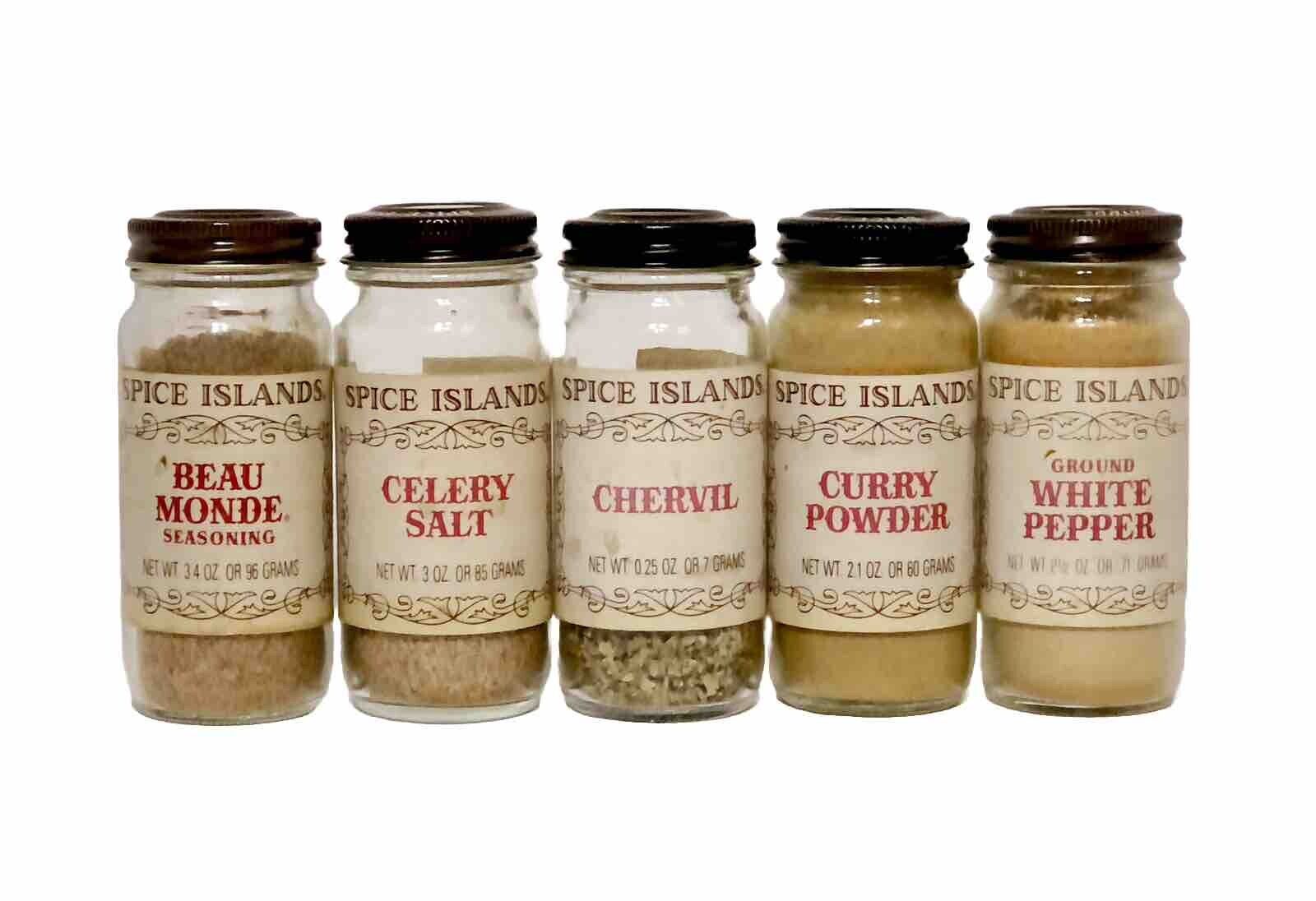 Lot/5 VTG SPICE ISLANDS Glass Jar Beau Monde Celery Salt Chervil Curry Powder