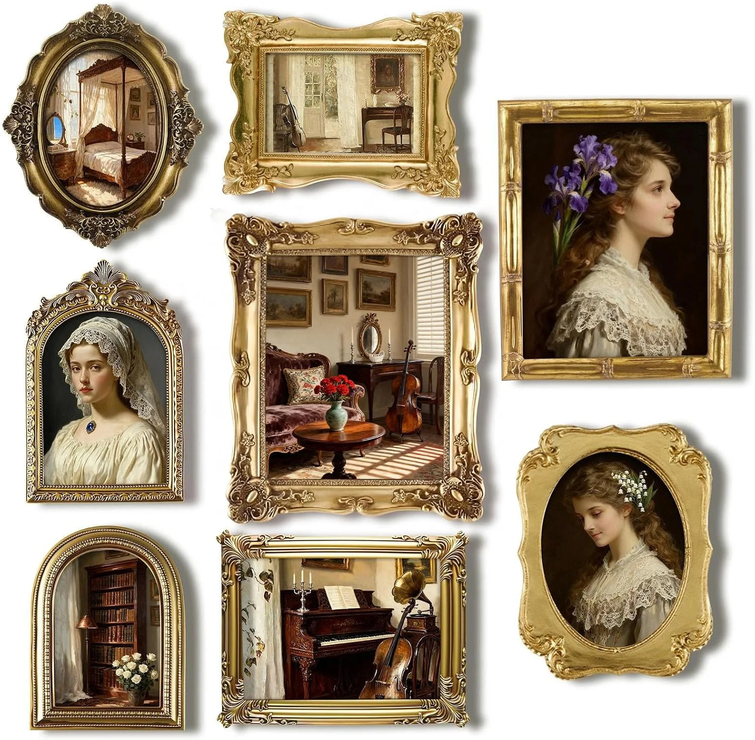 8 Pcs Vintage Picture Frames Set for Gallery Wall, Antique Gold Resin Photo Fram