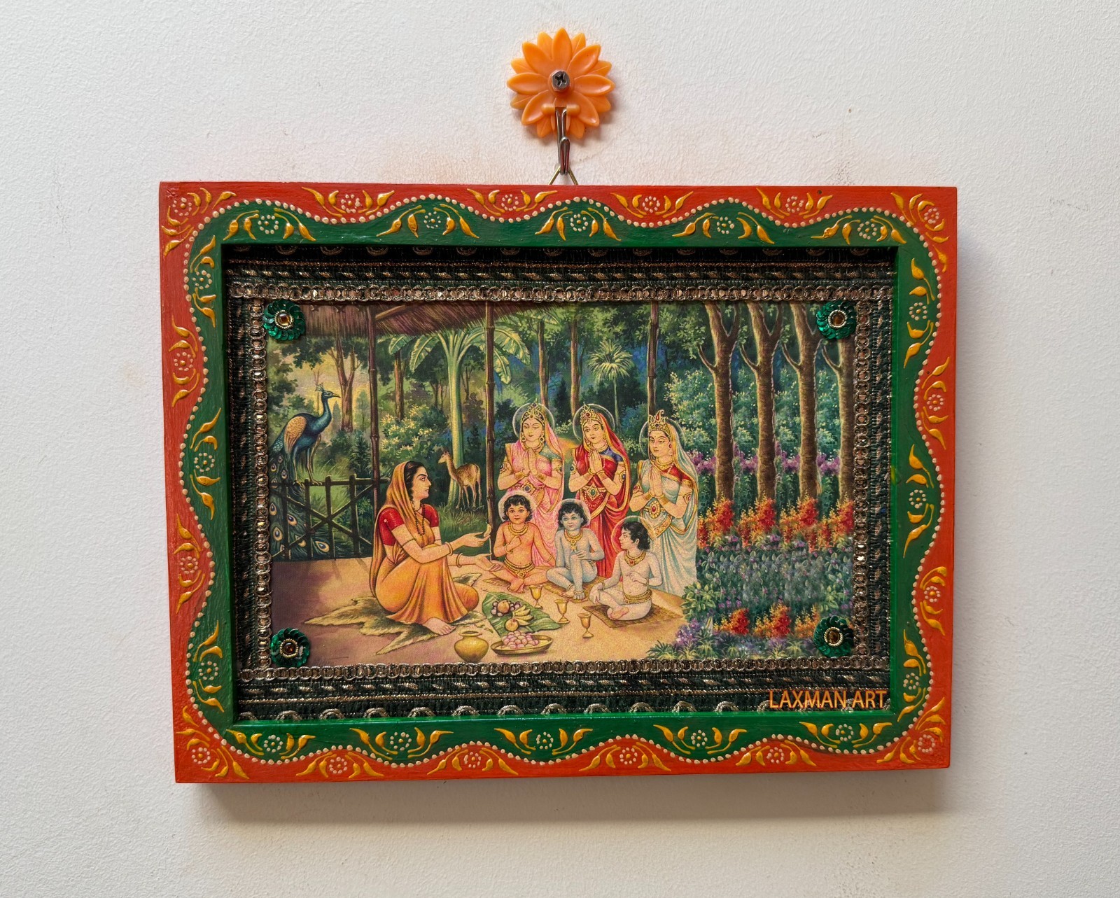 Vintage Art Photo Framed: Sati Anasuya with Tridev Brahma Vishnu Mahesh - 9x12