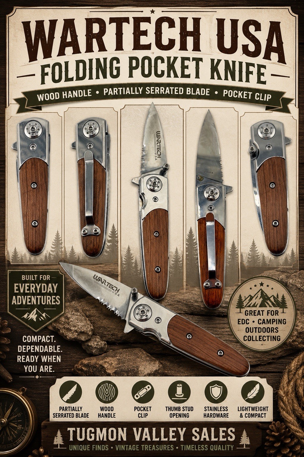 WARTECH USA Folding Pocket Knife Wood Handle Serrated Blade Pocket Clip EDC