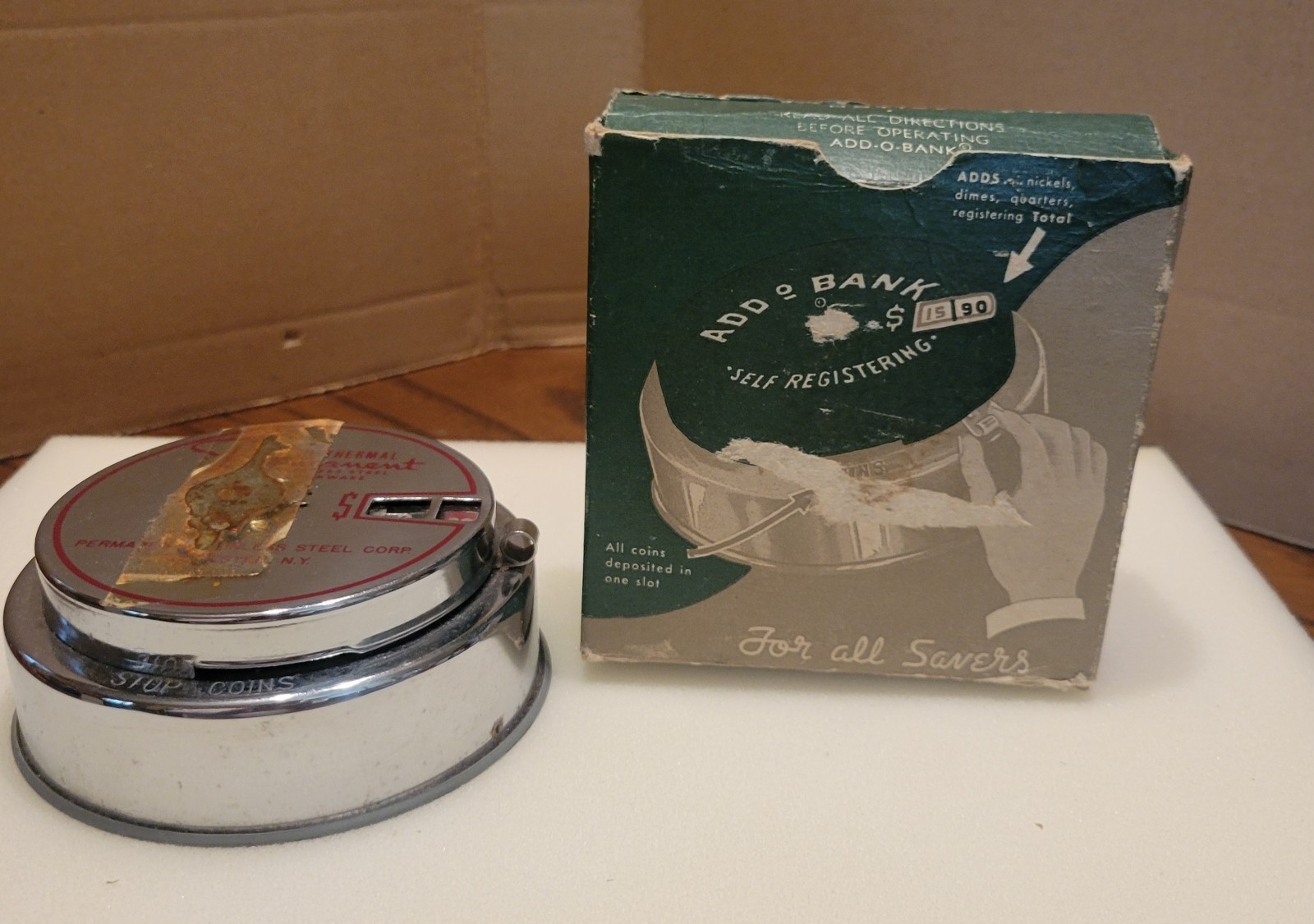 Vintage ADD O MATIC ADVERTISING COIN BANK Permanent Steel Cookware W/Box An Key Vintage ADD O MATIC ADVERTISING COIN BANK Permanent Steel Cookware W/Box An Key