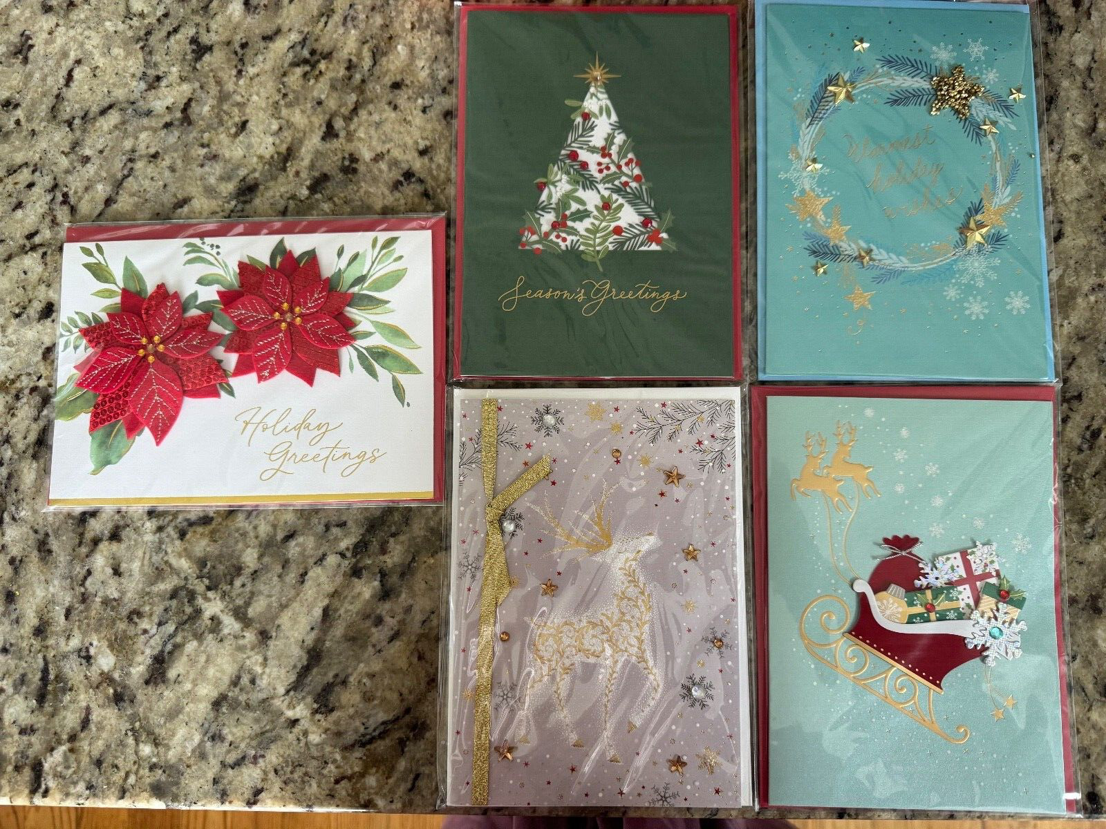 Set of 5 Papyrus 3D Jeweled Bejeweled Shiny Greeting Christmas Xmas Cards est$50