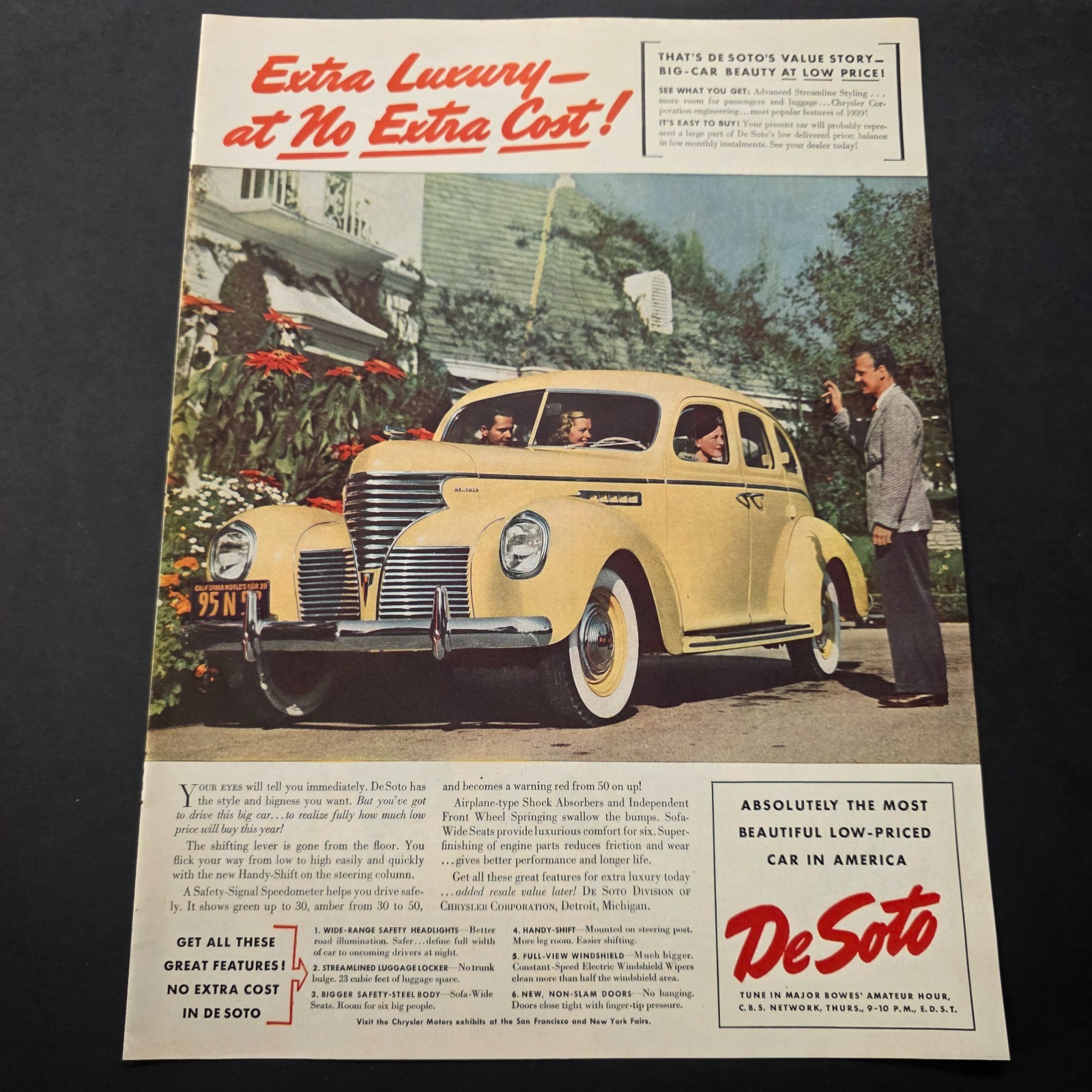 1939 DeSoto Sedan Vintage Car Advertisement Chrysler Pre-War Auto Ad
