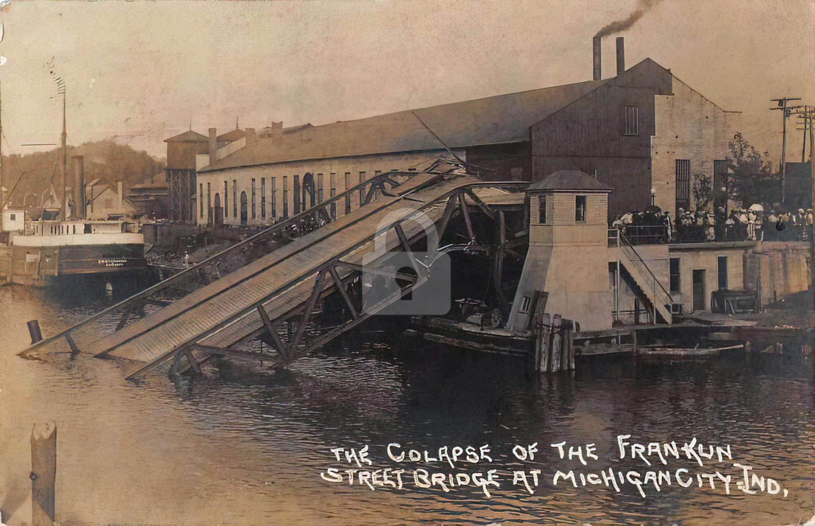 MICHIGAN CITY Franklin Street Bridge Collapse  1910 RPPC Postcard Copy