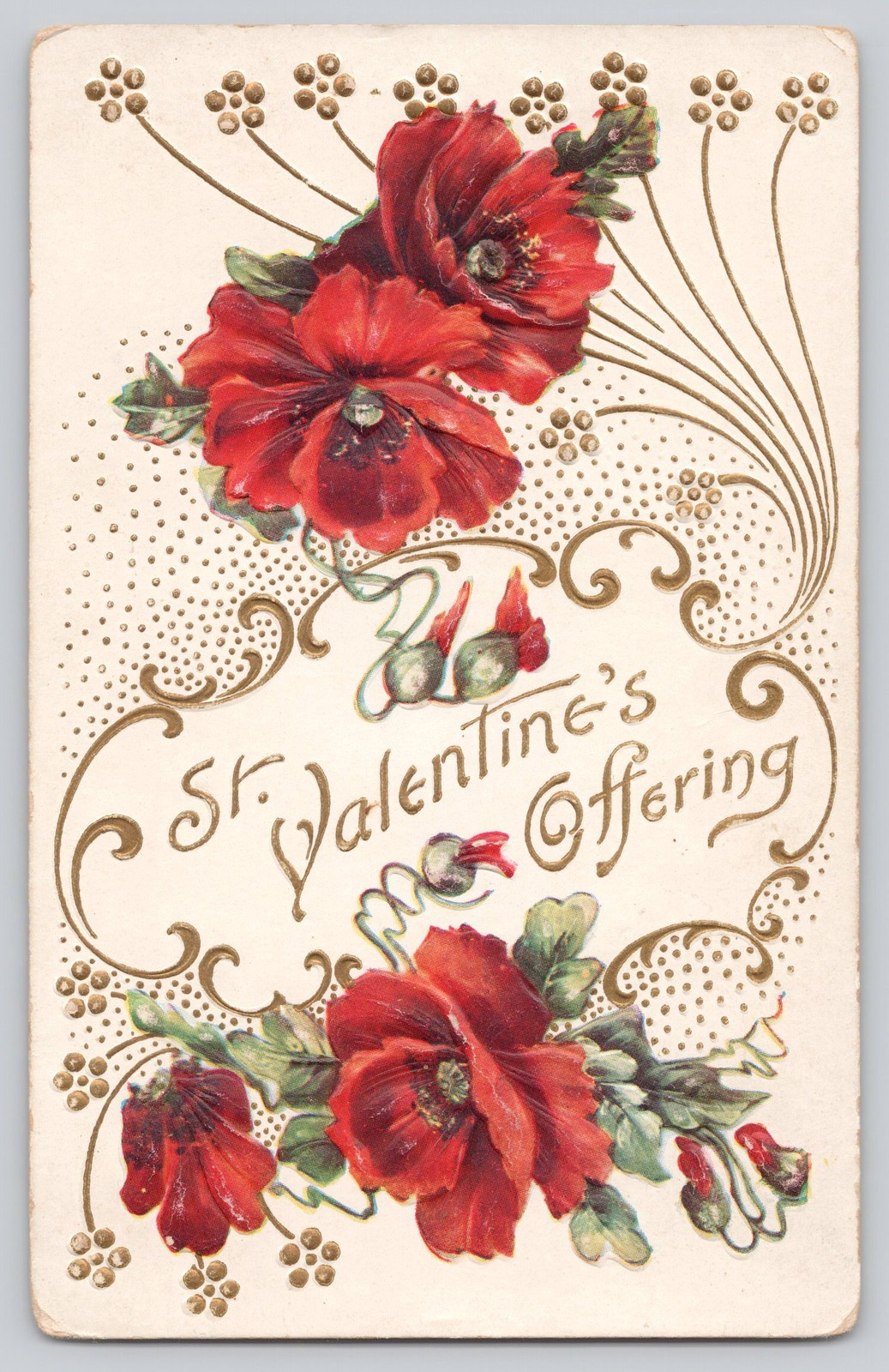 St. Valentine's Offering Embossed Poppies Postcard c1910