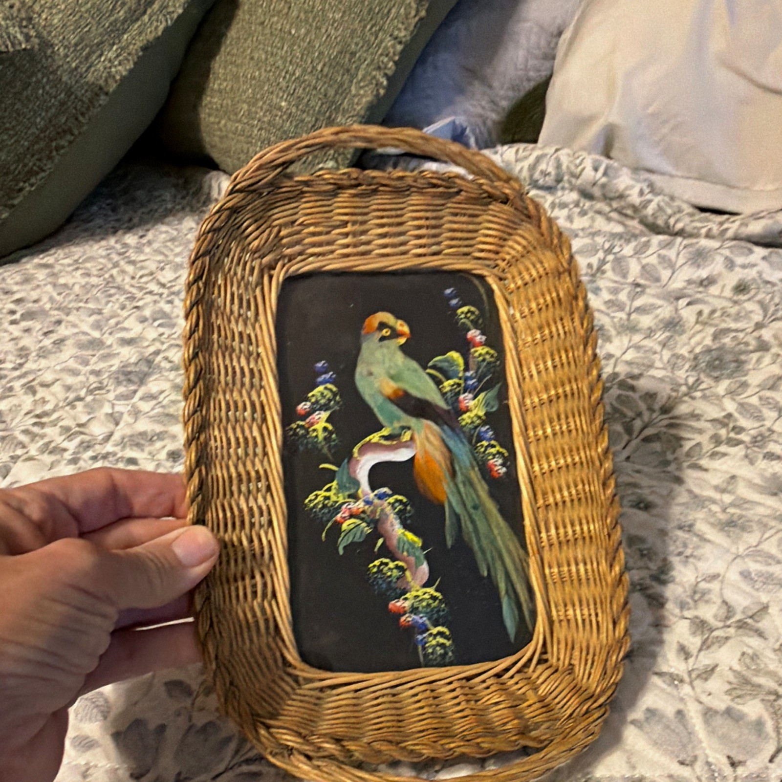 Vtg 1950s Mexican Feathercraft Wicker Basket Tray Bird Art Stamped Made in Mexic