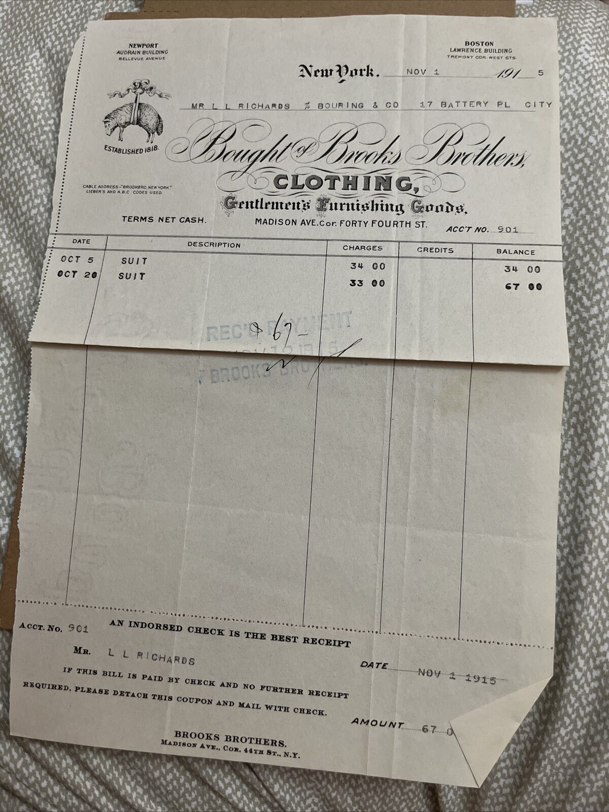 1915 Brooks Brothers Clothing Invoice Bill Of Sale New York City Haberdashery