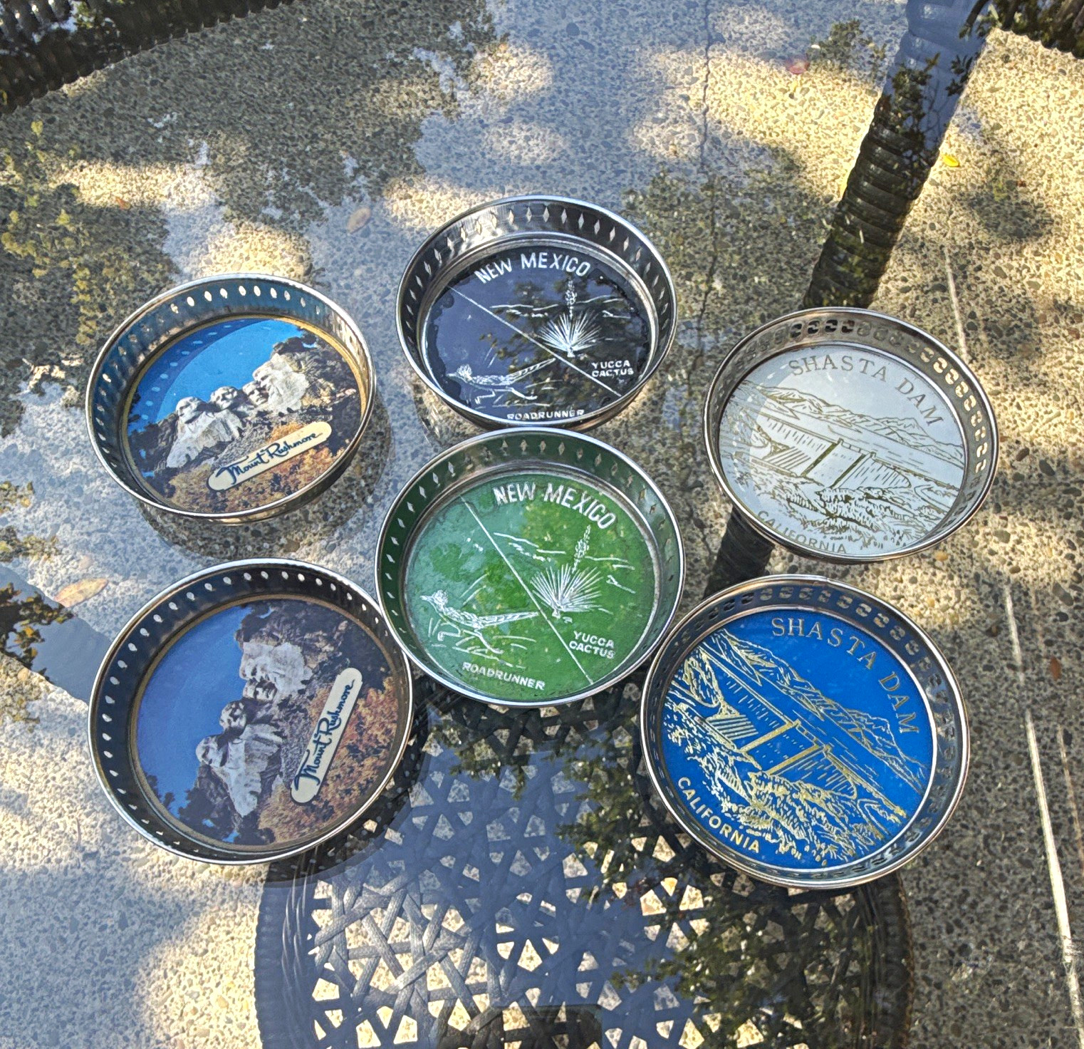 Vtg Mid Century Souvenir Metal Drink Coasters Lot 6 Mt Rushmore NM Shasta Dam Vtg Mid Century Souvenir Metal Drink Coasters Lot 6 Mt Rushmore NM Shasta Dam
