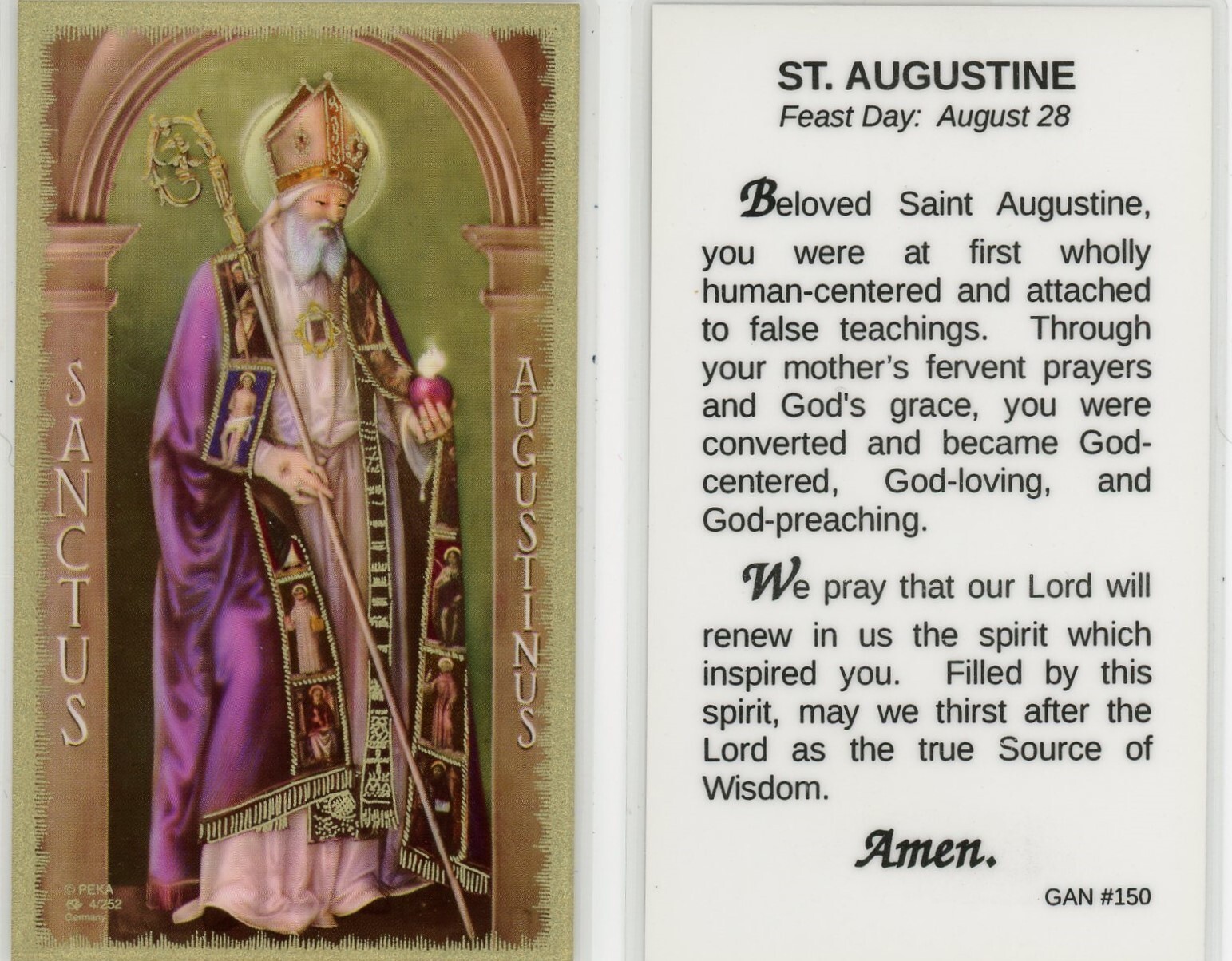 Saint Augustine with prayer to St Augustine - LAMINATED Holy Card GAN150 Saint Augustine with prayer to St Augustine - LAMINATED Holy Card GAN150