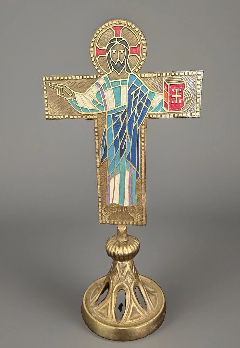 Altar Cross Brass & Enamel Crucifix Terra Sancta Handmade Israel 13 Altar Cross Brass & Enamel Crucifix Terra Sancta Handmade Israel 13