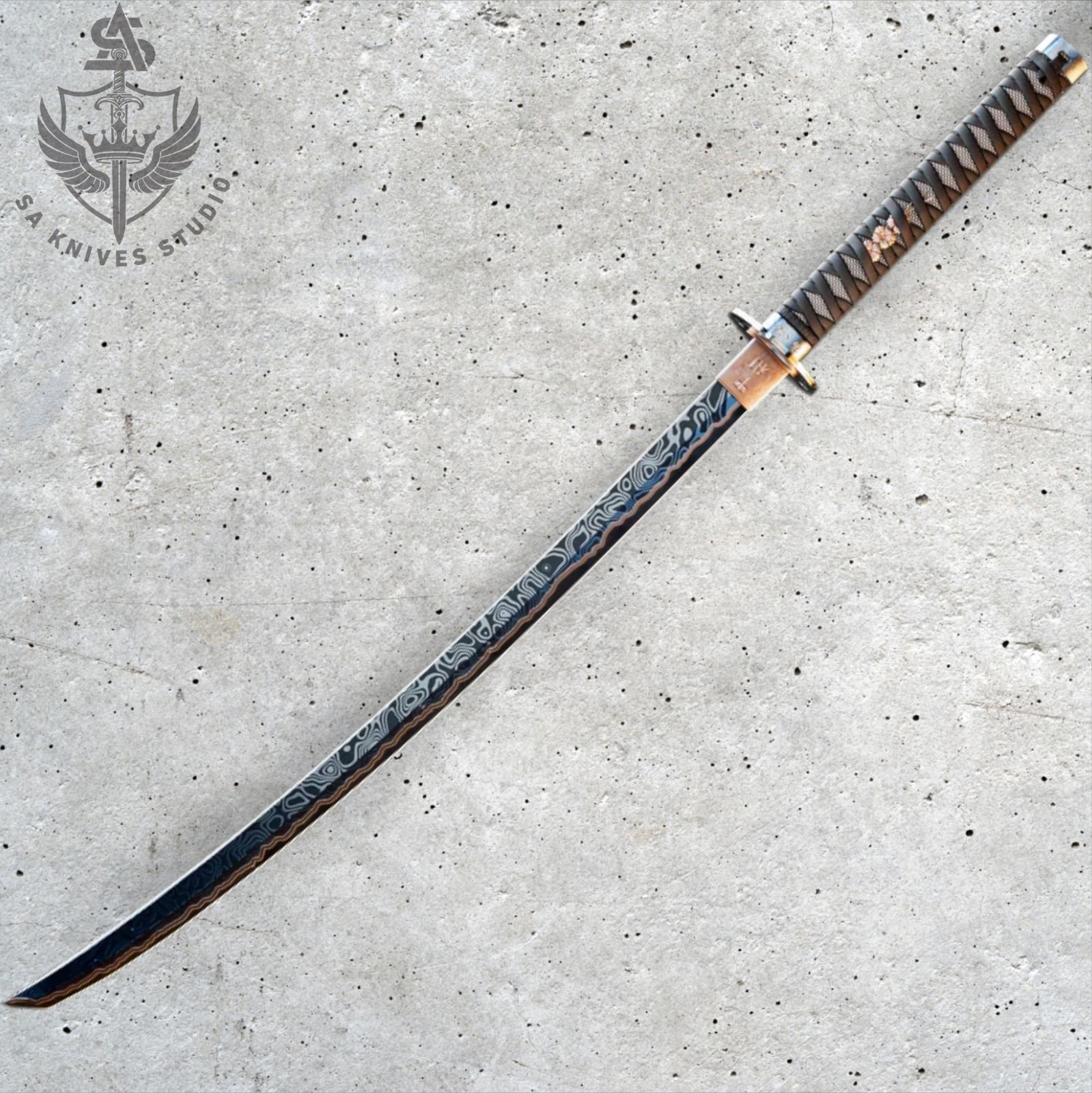 Handmade Copper Damascus Katana Sword – Full Tang Handle Skin Rebin Wrap