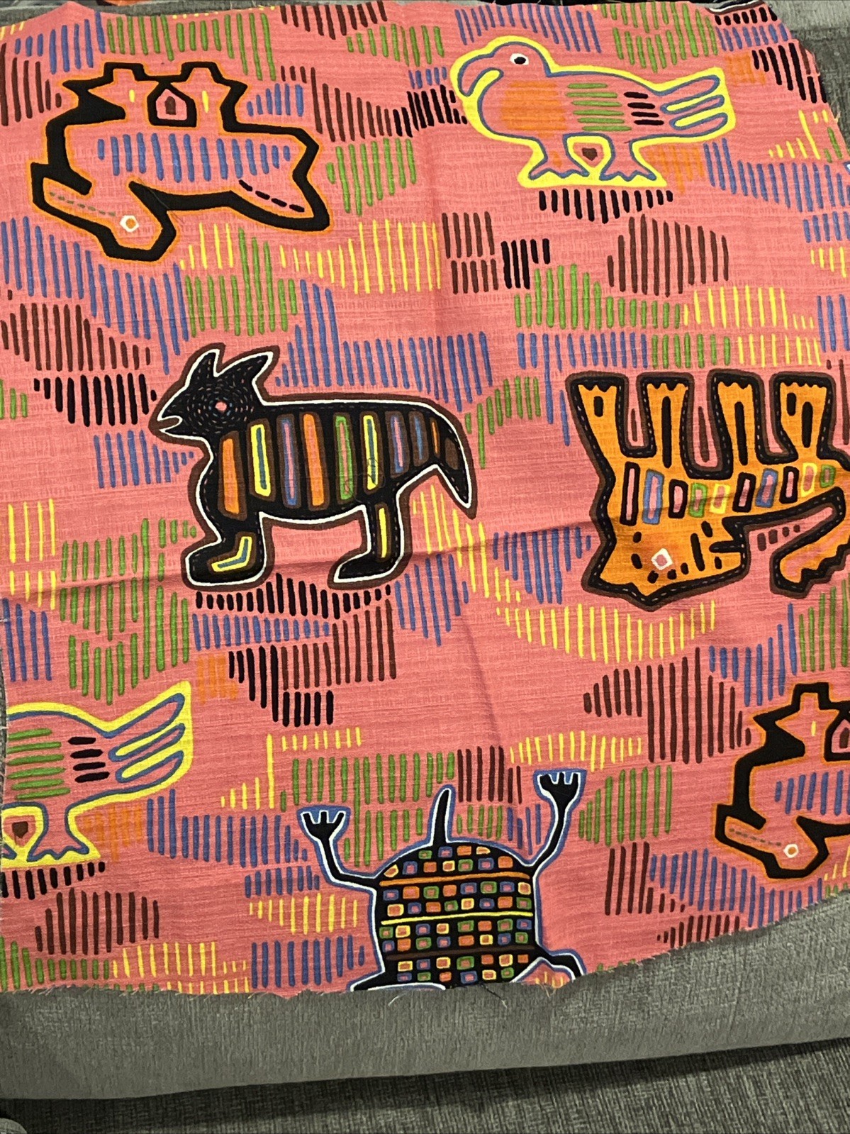 Vintage Panamanian Guna Mola Cotton Fabric Geometric Animal Bird Pink Orange Vintage Panamanian Guna Mola Cotton Fabric Geometric Animal Bird Pink Orange