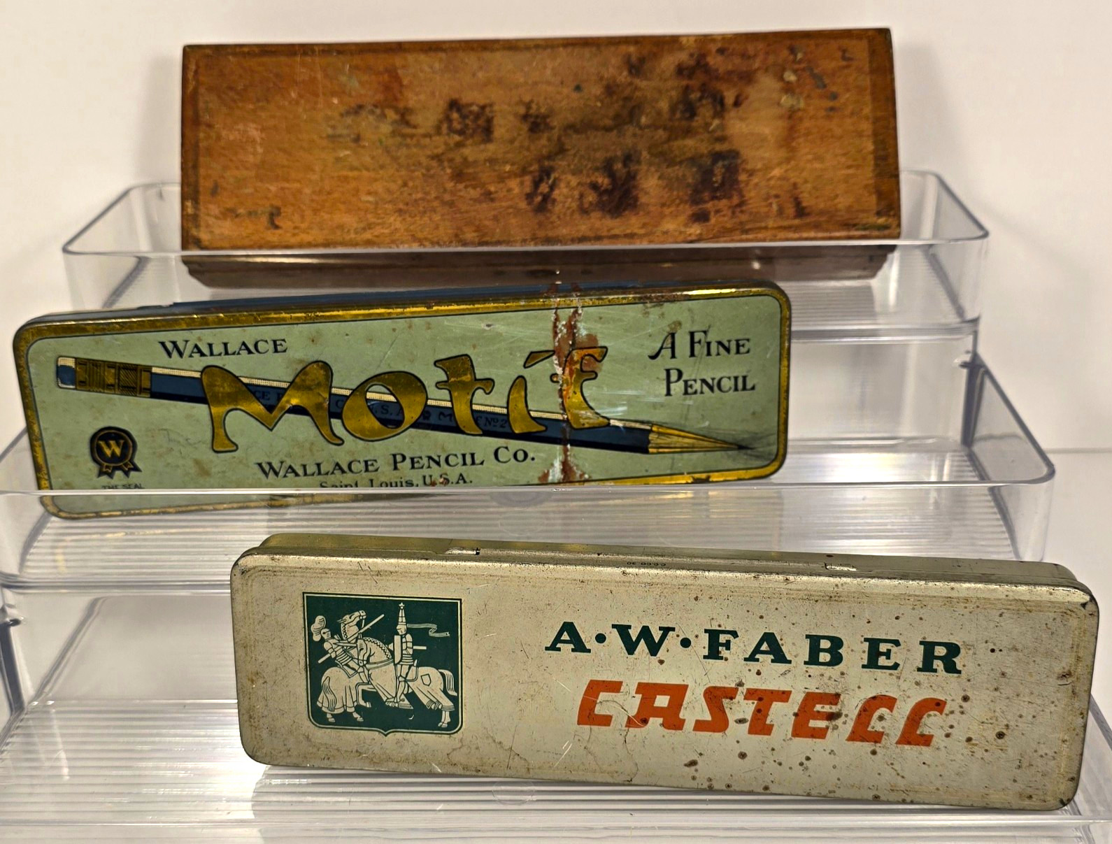 Vintage Wallace & A.W. Faber Metal Pencil Tins & Wood Pencil Box W/ Contents Vintage Wallace & A.W. Faber Metal Pencil Tins & Wood Pencil Box W/ Contents