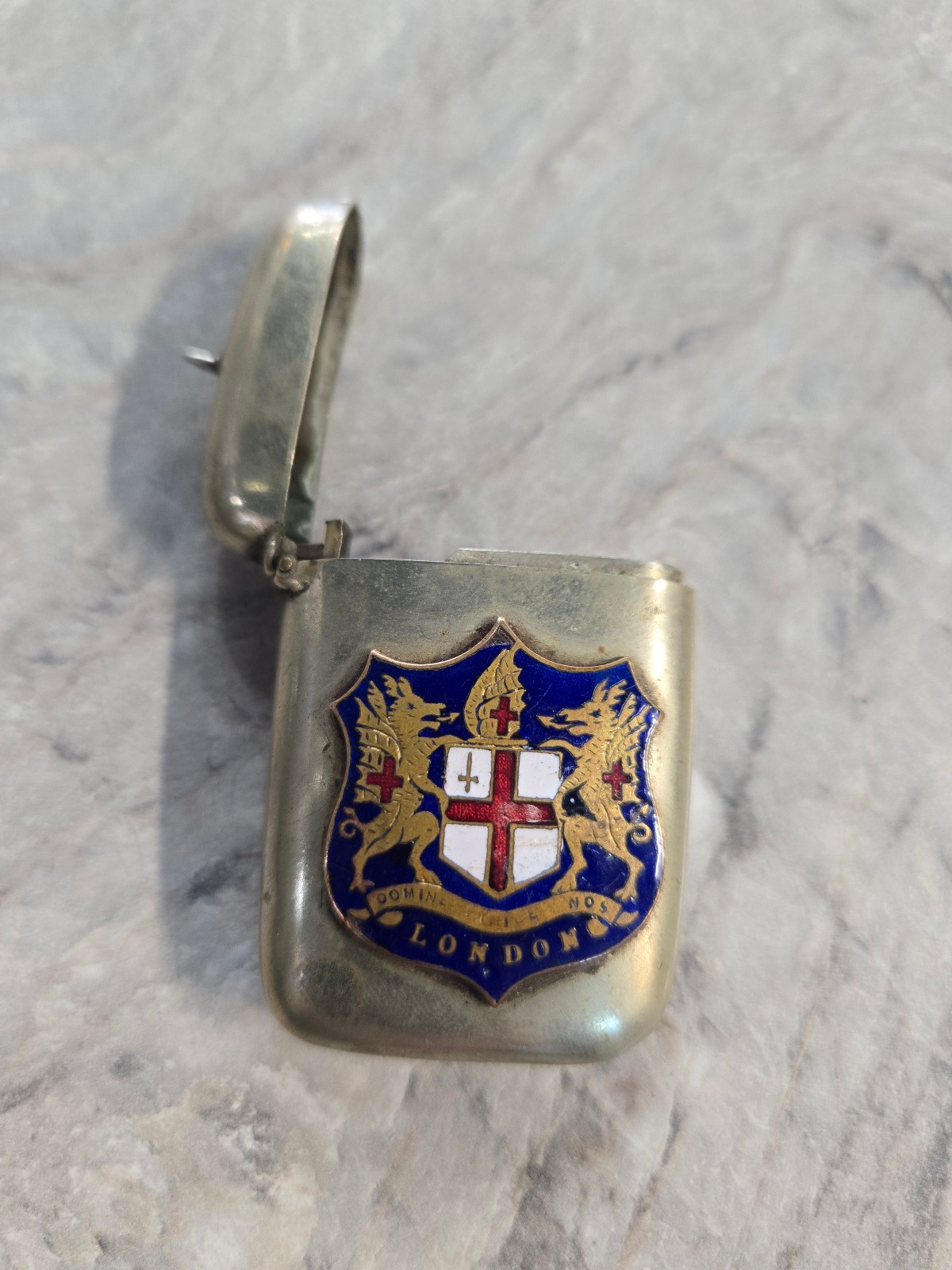 Antique Early 1900's Cupronickel Vesta Case Match Safe Crest of London Antique Early 1900's Cupronickel Vesta Case Match Safe Crest of London