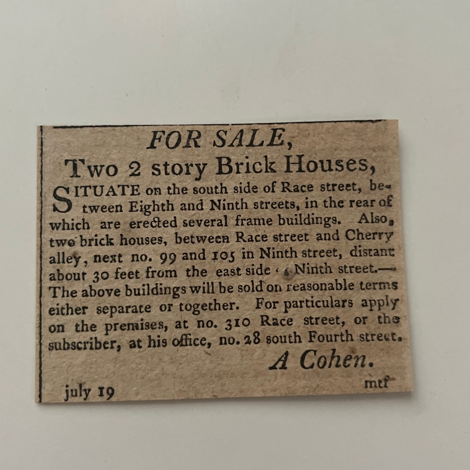 For Sale 2 Brick Houses Race Street A Cohen 1806 Philadelphia Clipping SAJ6-S22 For Sale 2 Brick Houses Race Street A Cohen 1806 Philadelphia Clipping SAJ6-S22