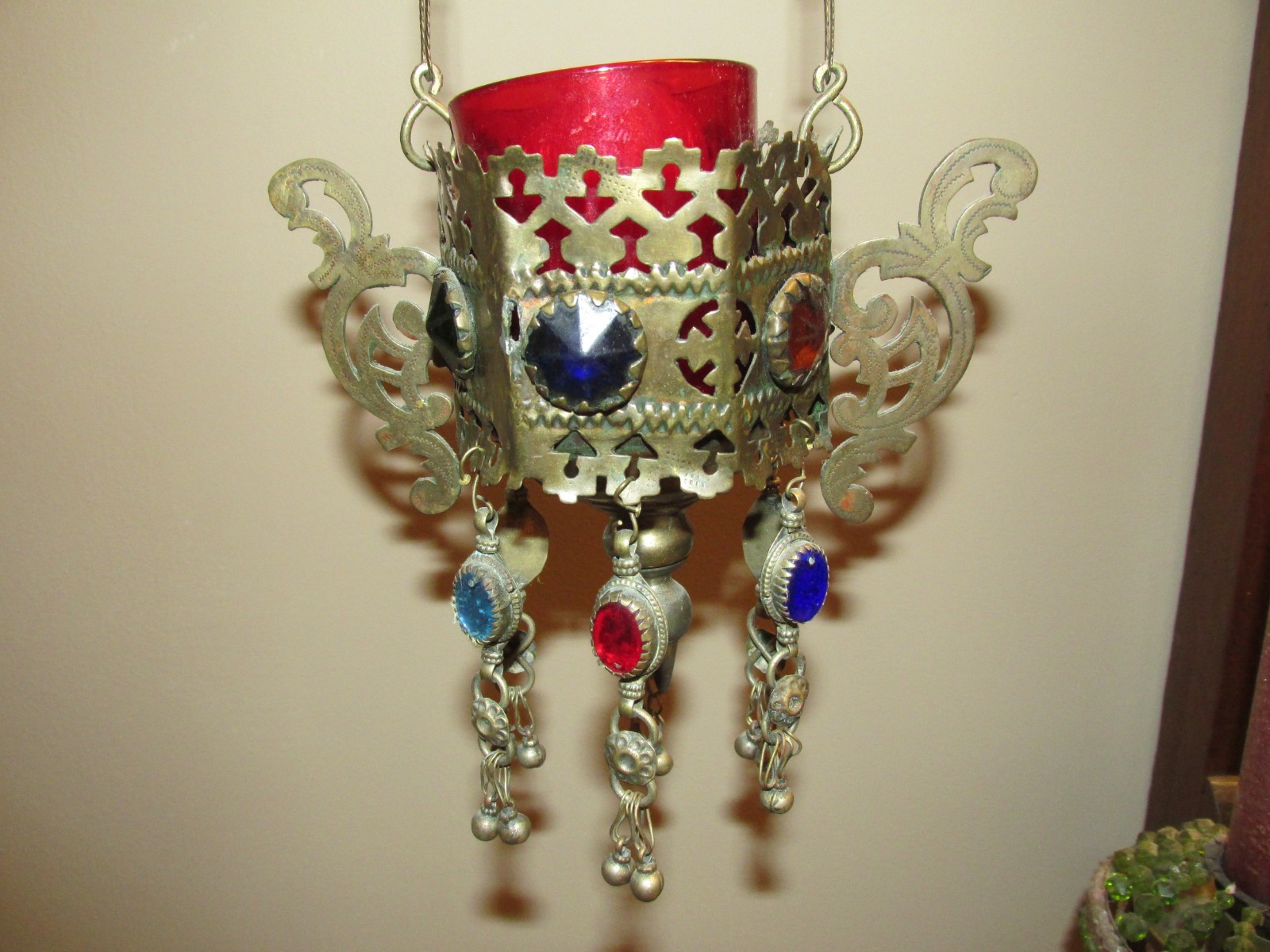 Antique Vintage Jeweled Brass Hanging Sanctuary Vigil Votive Light Lamp