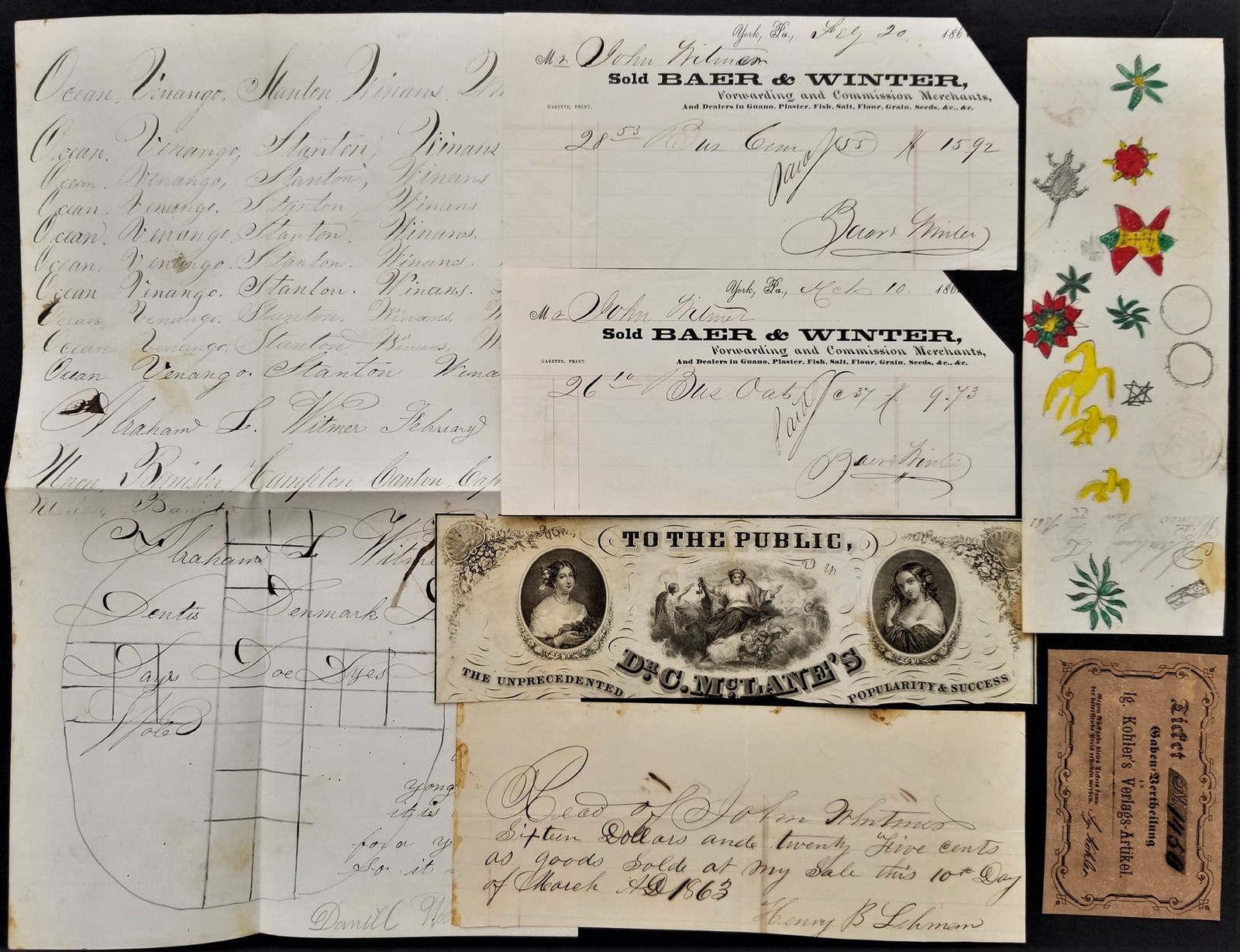 LOT 1860s antique FRAKTUR york pa WITMER FAMILY EPHEMERA handwritten receipt art LOT 1860s antique FRAKTUR york pa WITMER FAMILY EPHEMERA handwritten receipt art