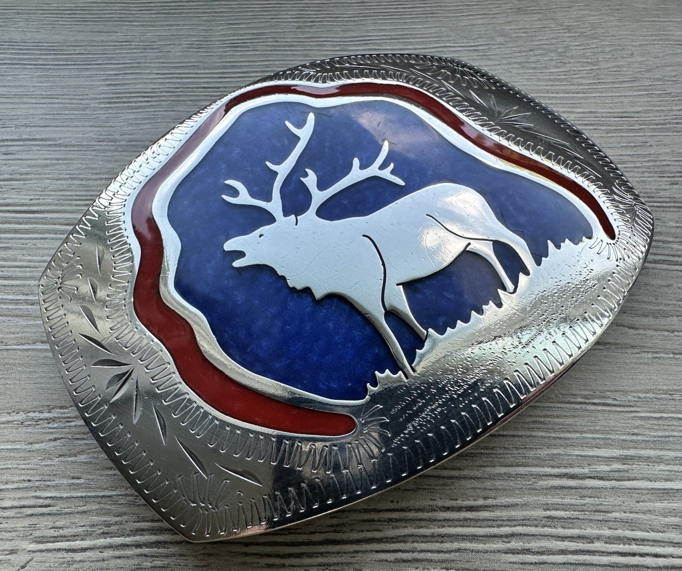 Vintage Johnson & Held 100% Hand Crafted Elk Inlay Belt Buckle–Blue & Red Denver