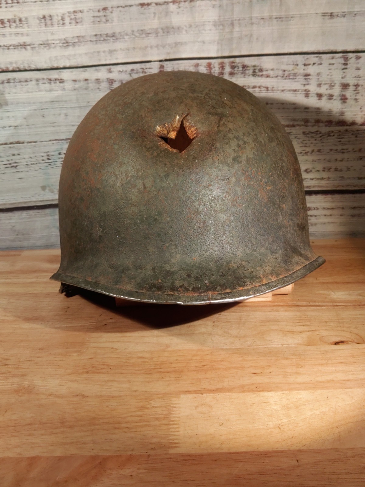 WWII US M1 Steel Helmet Shell Front Seam Swivel Bale Battle Damaged Relic Pot WWII US M1 Steel Helmet Shell Front Seam Swivel Bale Battle Damaged Relic Pot
