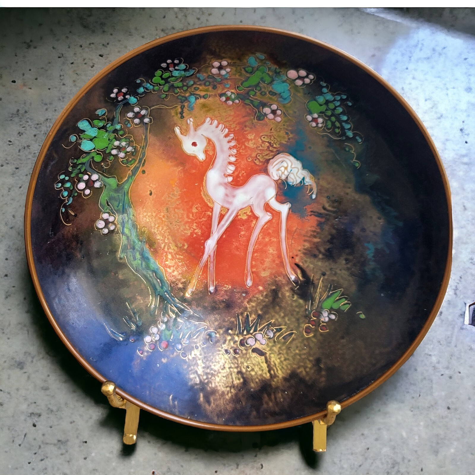 VINTAGE ENAMEL COPPER BOWL HORSE HAND PAINTED DISH SIGNED SAGITTA HOLLAND 