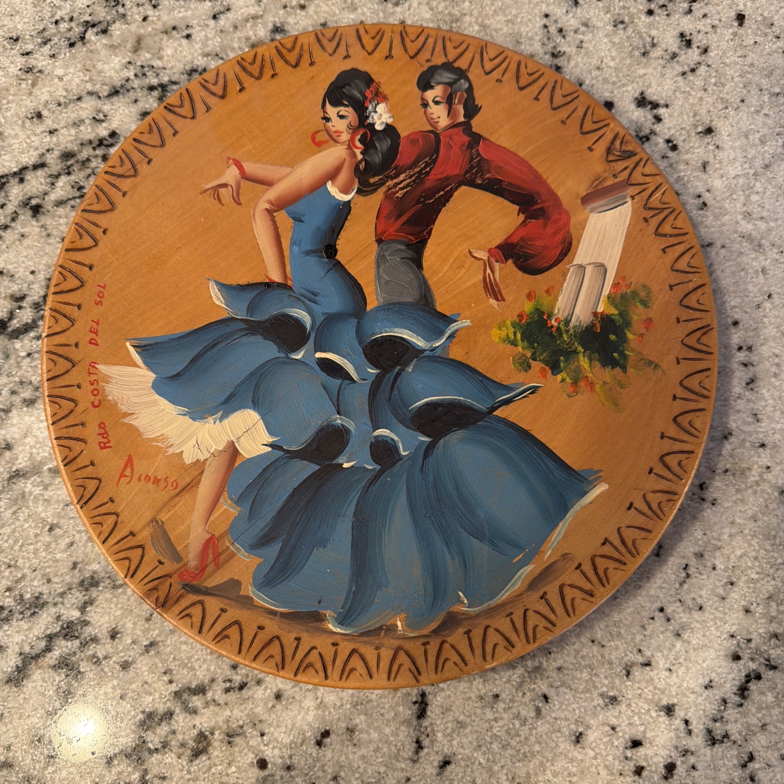 Vtg Spain Wooden Plate Painted Flamenco Spanish Dancers Art Rdo Costa Del Sol