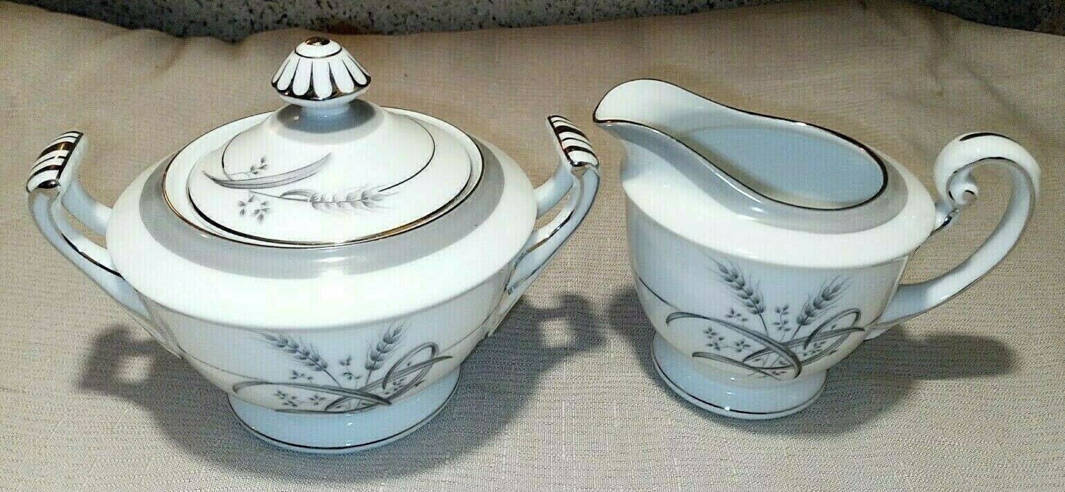 Imperial Fine China Permanently Yours Creamer & Sugar Bowl Gray White Plants EUC