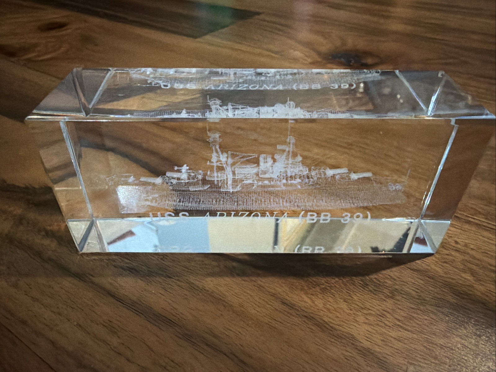 3D Laser-Etched Crystal Glass Paperweight USS ARIZONA (BB 39) 3D Laser-Etched Crystal Glass Paperweight USS ARIZONA (BB 39)
