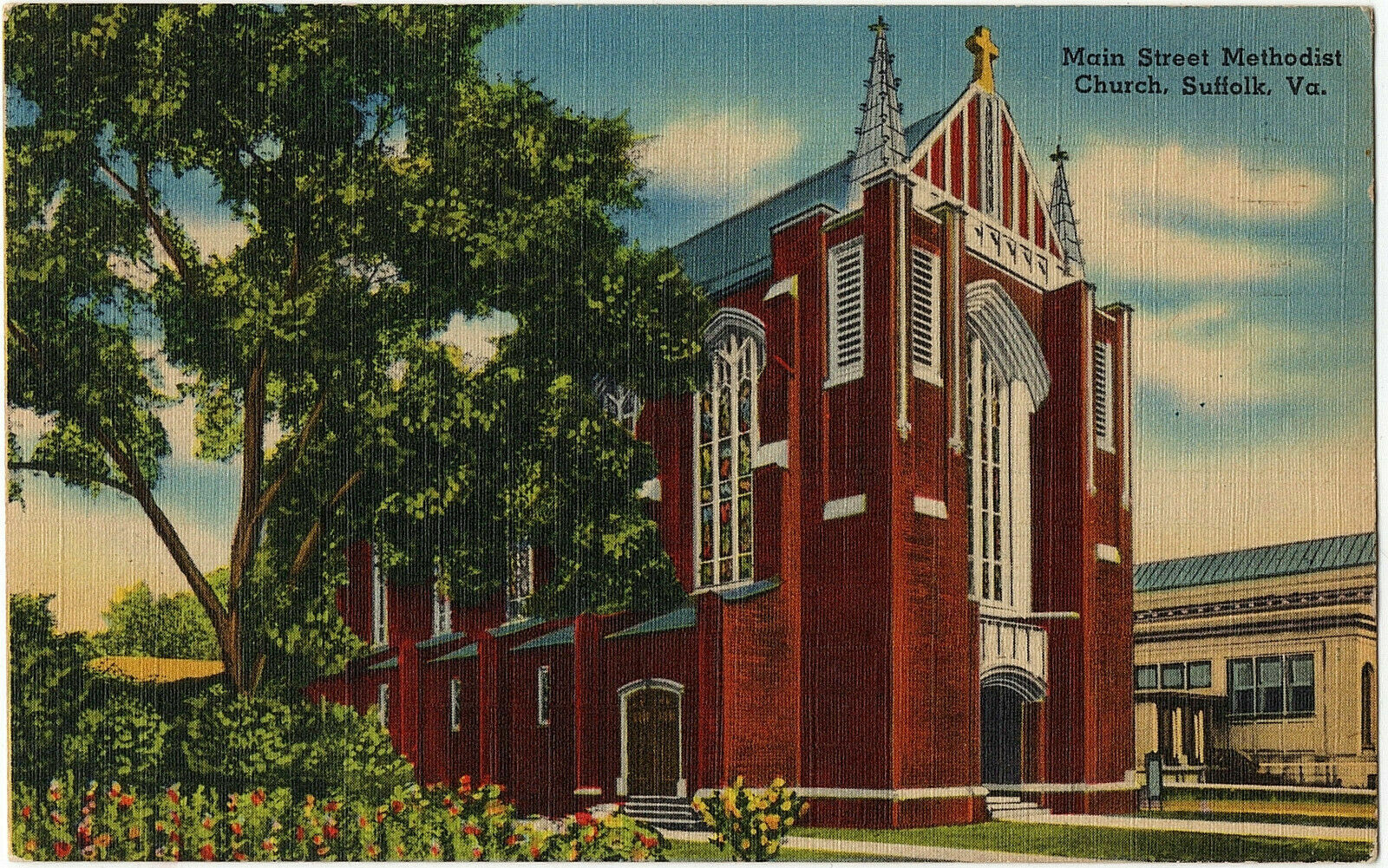1954 Suffolk VA Postcard Main Street St. Methodist Church Virginia Linen Era