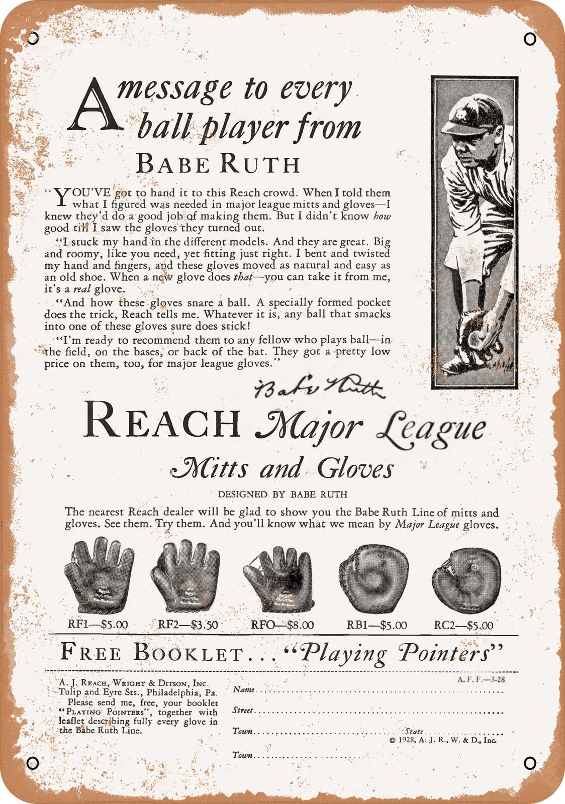 Metal Sign - 1928 Babe Ruth for Reach Baseball Gloves - Vintage Look